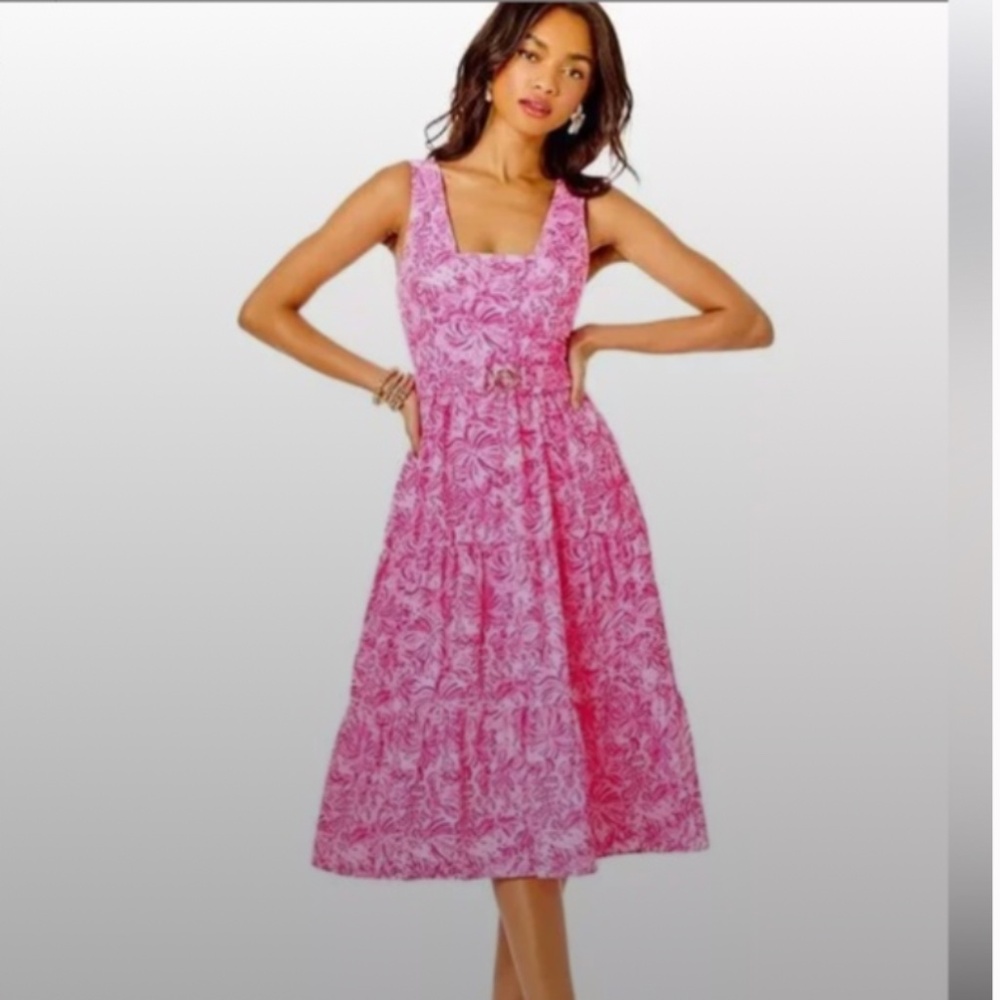 Lilly Pulitzer McKinnon Midi Dress Pink Blossom Foxy Llama Fit Flare Sz …
